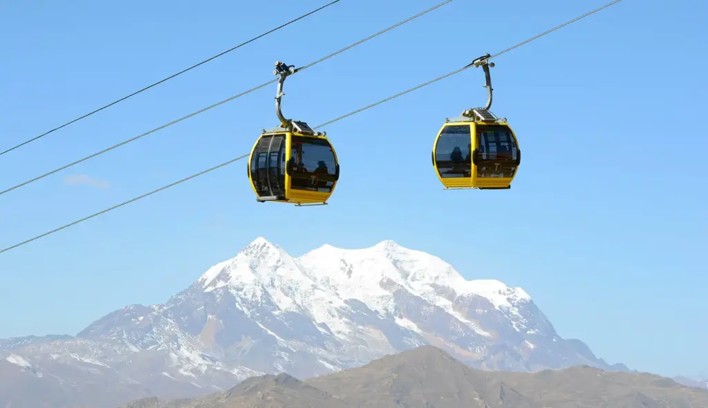 The cable cars of La Paz, with Mount Illimani behind
