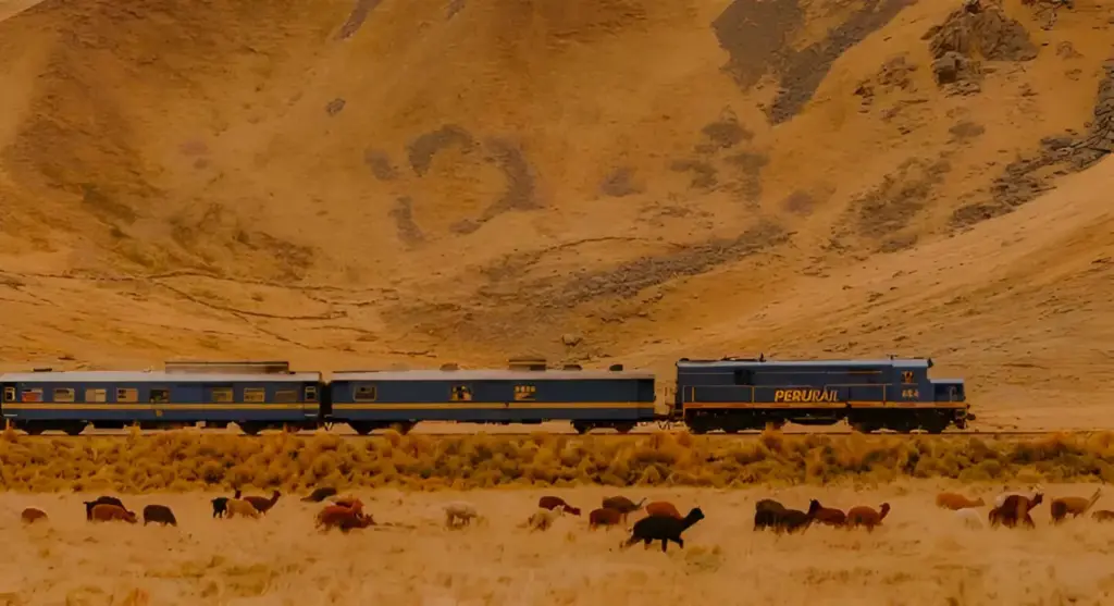 A train crosses the altiplano on the way from Cusco to Lake Titicaca